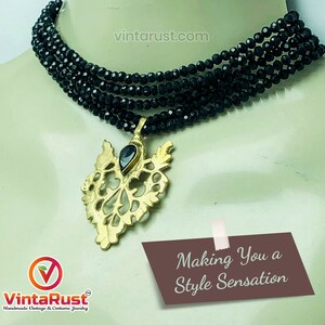 Black Jewelry Set, Black Beads With Motif Jewelry Set, Dangling Motif Choker Necklace With Studs Earrings, Ethnic Jewelry Set, Handmade