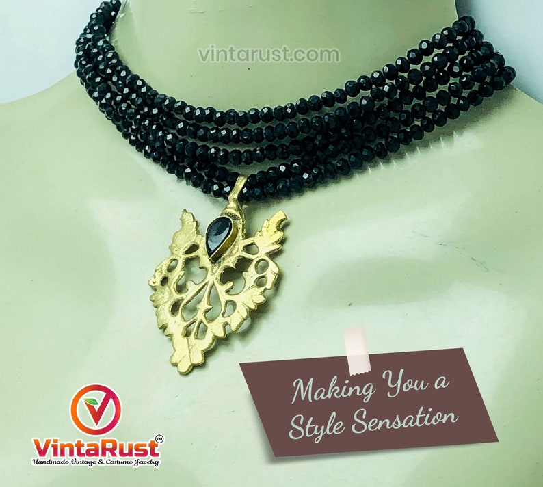 Black Jewelry Set, Black Beads With Motif Jewelry Set, Dangling Motif Choker Necklace With Studs Earrings, Ethnic Jewelry Set, Handmade