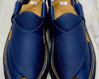 Blue Leather Sandals, Handmade Peshawari Chappal, Traditional Leather Blue Sandals For Men, Comfortable and Stylish Gents Shoes, Foot Wear