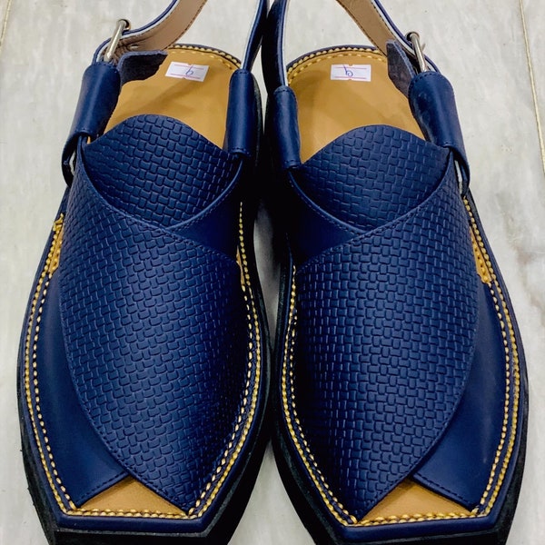 Blue Leather Sandals, Handmade Peshawari Chappal, Traditional Leather Blue Sandals For Men, Comfortable and Stylish Gents Shoes, Foot Wear