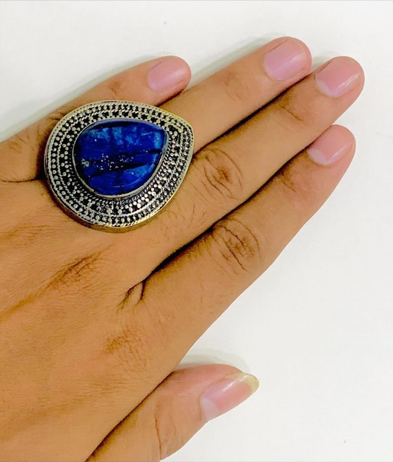 Handmade Lapis Lazuli Water Drop Stone Ring, Afgha