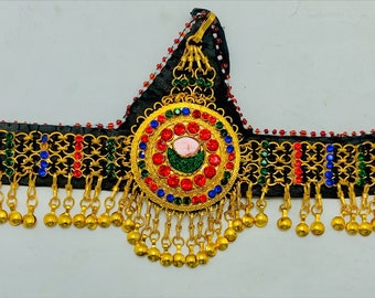 Golden Afghan Matha Patti With Multicolor Glass Stones, Tribal Head Piece, Handmade Hair Jewelry, Hair Accessories