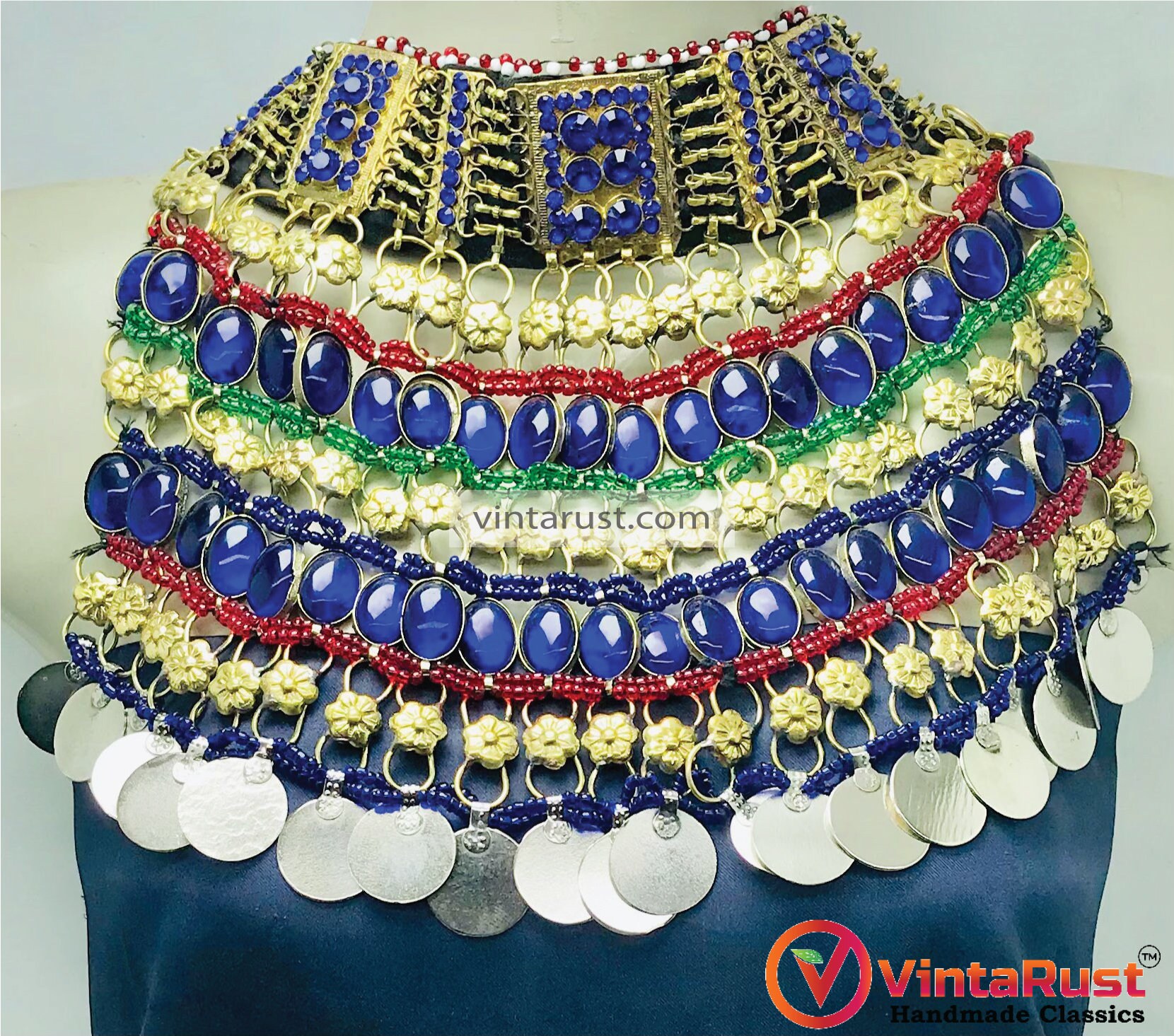 アフガニスタン　クチ　チョーカー ブルーストーンビーズチョーカー：アフガニスタンのクチ族のネックレス