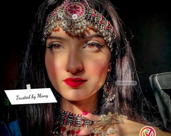 Handmade Tribal Women Pink Jewelry Sets, Antique Necklace, Head Piece and Earrings, Boho Jewelry, Jewelry Set, Afghan Jewelry