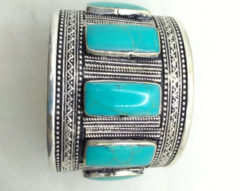 Bracelet pierres turquoises, bracelet manchette kuchi afghan, manchette tribale kuchi, bijoux bohème afghan