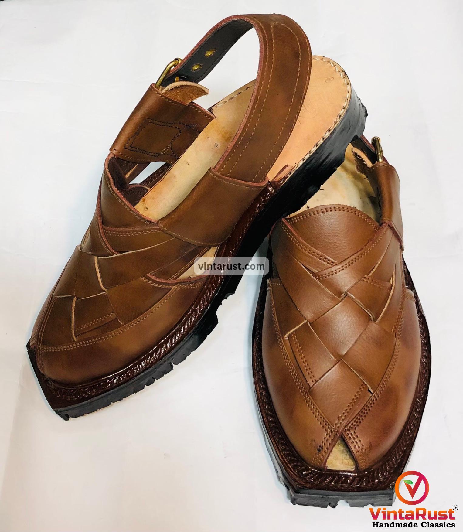 Brown Leather Sandals, Unique Style Handmade Peshawari Chappal Handmade Peshawari Leather Kaptaan Chappal. Crafted by  main image 2