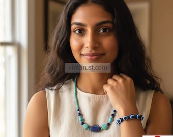 Turquoise & Lapis Beaded Necklace and Evil Eye Bracelet; Handmade Minimalist Jewelry Set