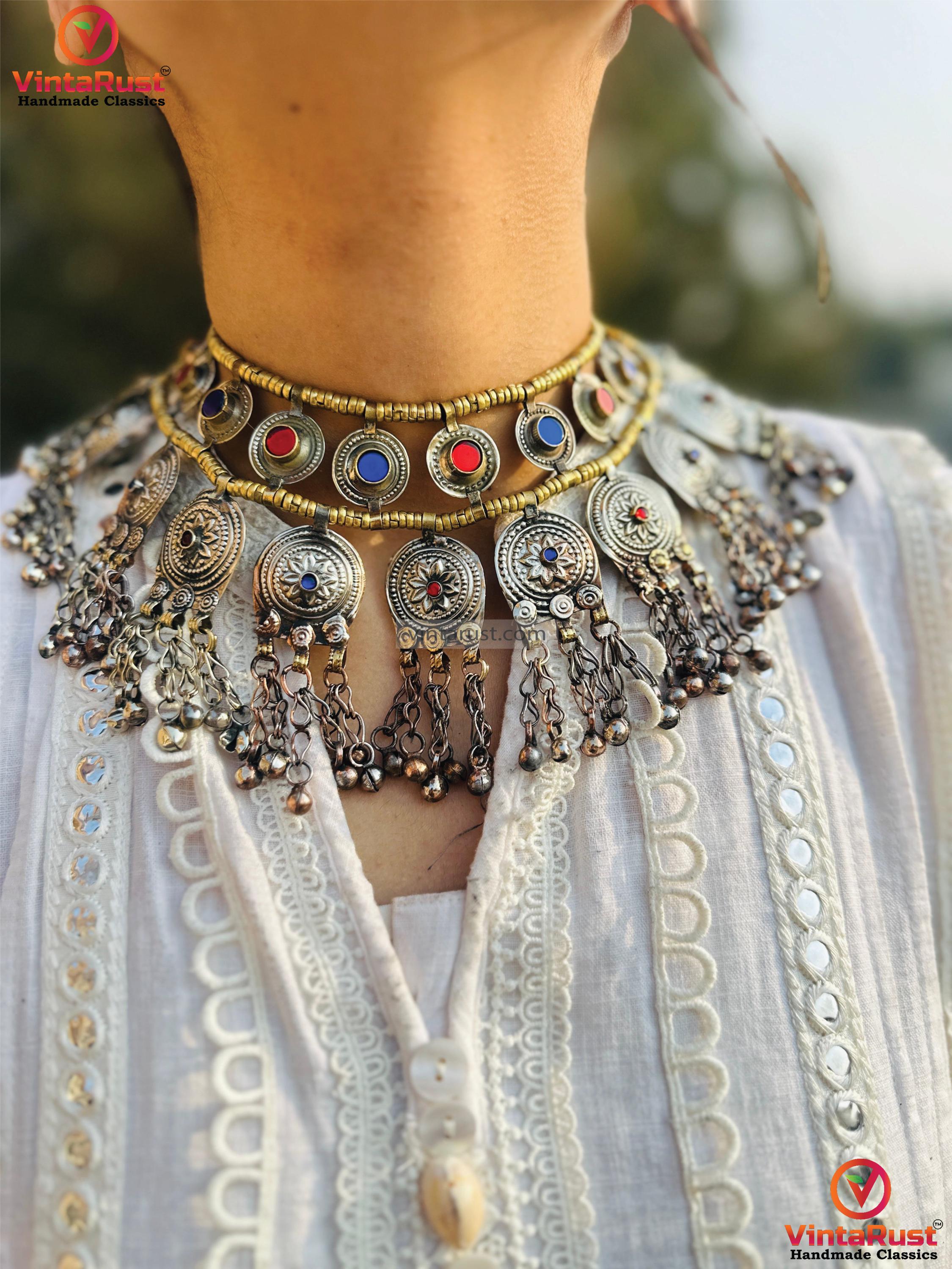 Handmade Afghan Choker: Multi-layered Tribal Necklace With Bells
