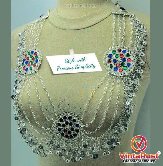 Multilayers Silver Bib Necklace With Dangling Tas… - image 3