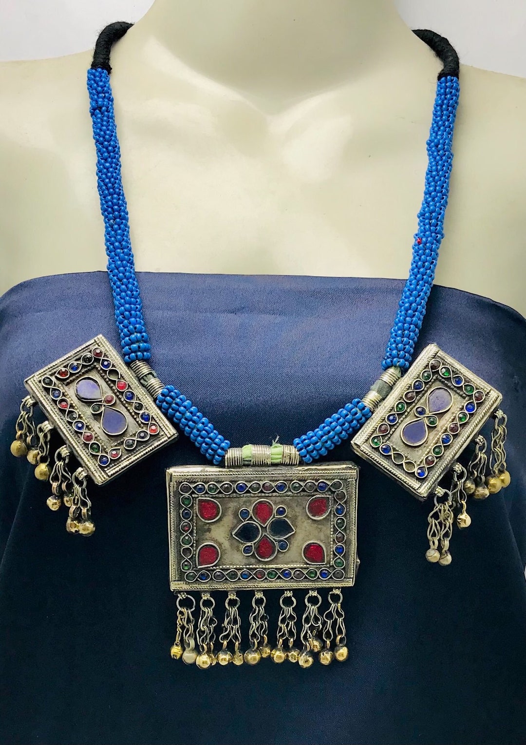 Blue Beaded Afghan Necklace: Vintage Tribal Pendant Jewelry - Etsy