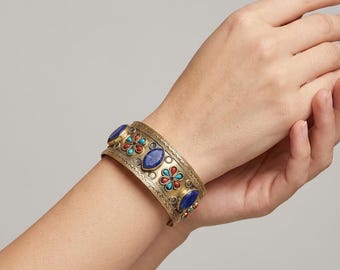 Lapis Lazuli Statement Cuff, Vintage Tribal Adjustable Bracelet