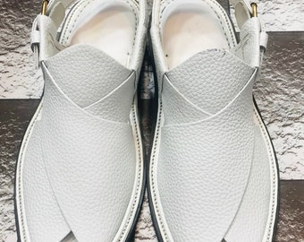 New Men's Handmade Leather Chappal, White Stylish Dotted Kaptaan Chappal, Men's Peshawari Traditional Chappal, Comfortable Sandal