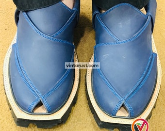 Blue Suede Peshawari Chappal: Handcrafted Leather Footwear