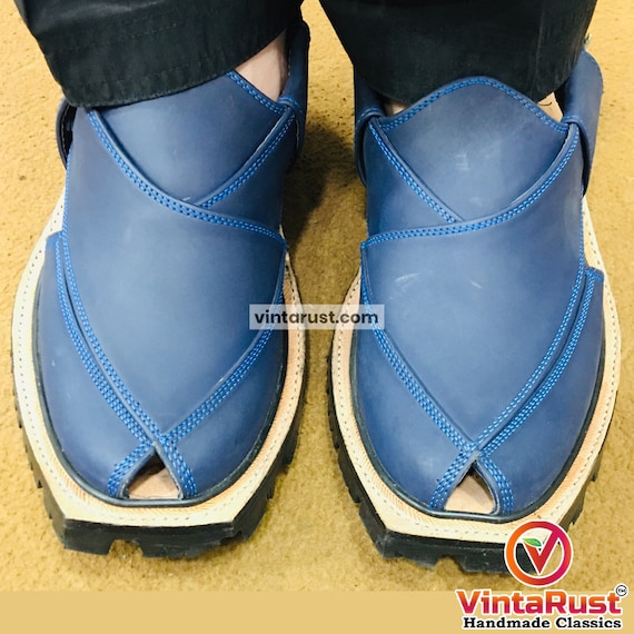Blue Suede Peshawari Chappal: Handcrafted Leather Footwear