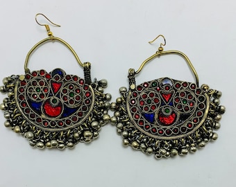 Vintage Afghan Kuchi Earrings, Antique Handmade Hoop Earrings, Afghan Chandbali Earrings, Wedding Jewelry, Traditional Jewelry