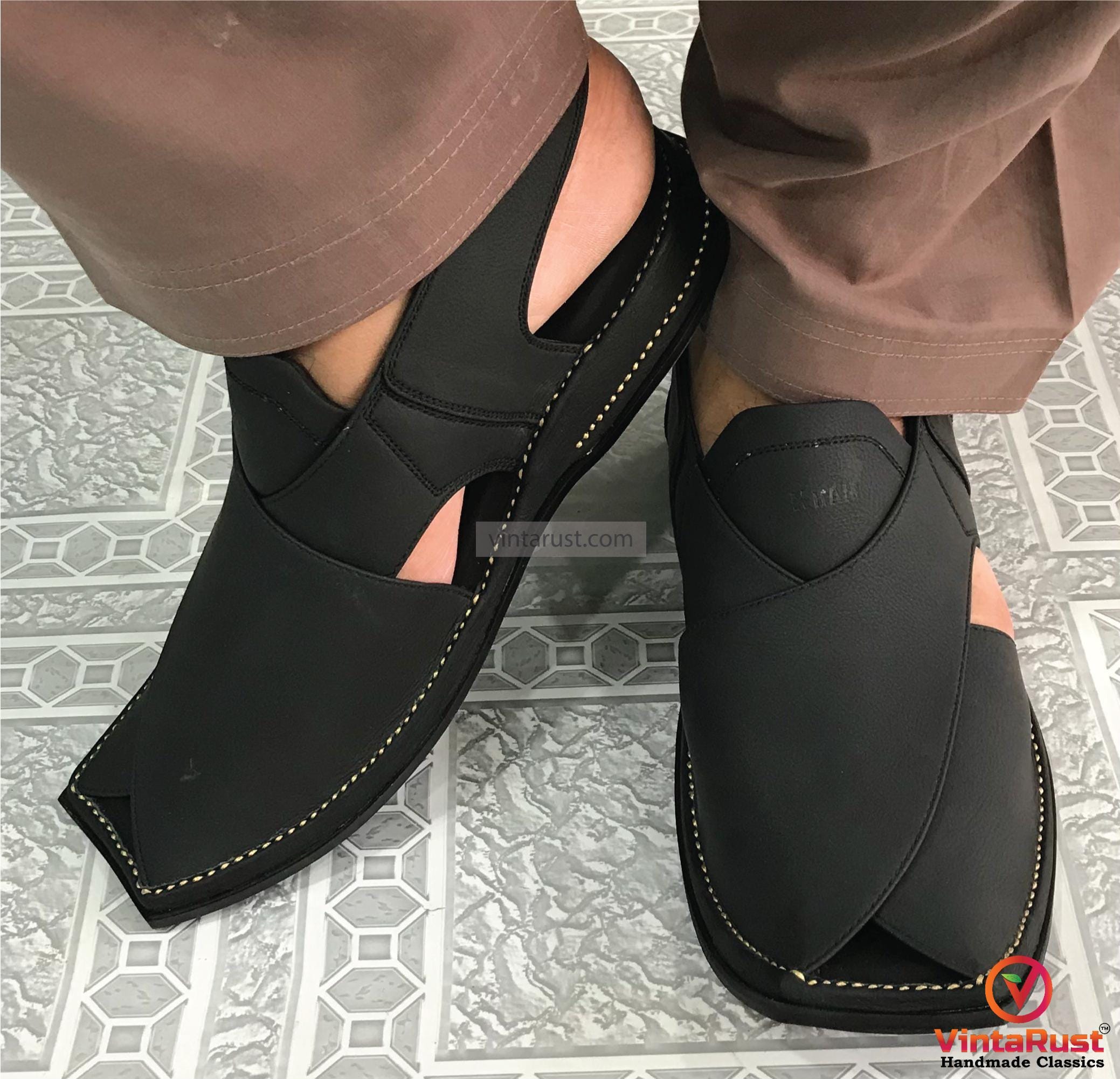 Black Handcrafted Causal Wear Peshawari Sandals, Black Peshawari Chappal Black Patent Leather Handcrafted Peshawari Sandals Made in  main image 3