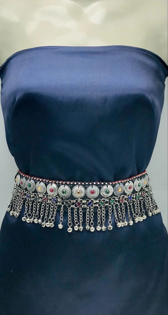 Handmade Kuchi Belly Dance Belt: Tribal Coins, Bells, Multicolor Stones Handmade Kuchi Belly Dance Belt: Tribal Fusion Festival Belt  main image 4