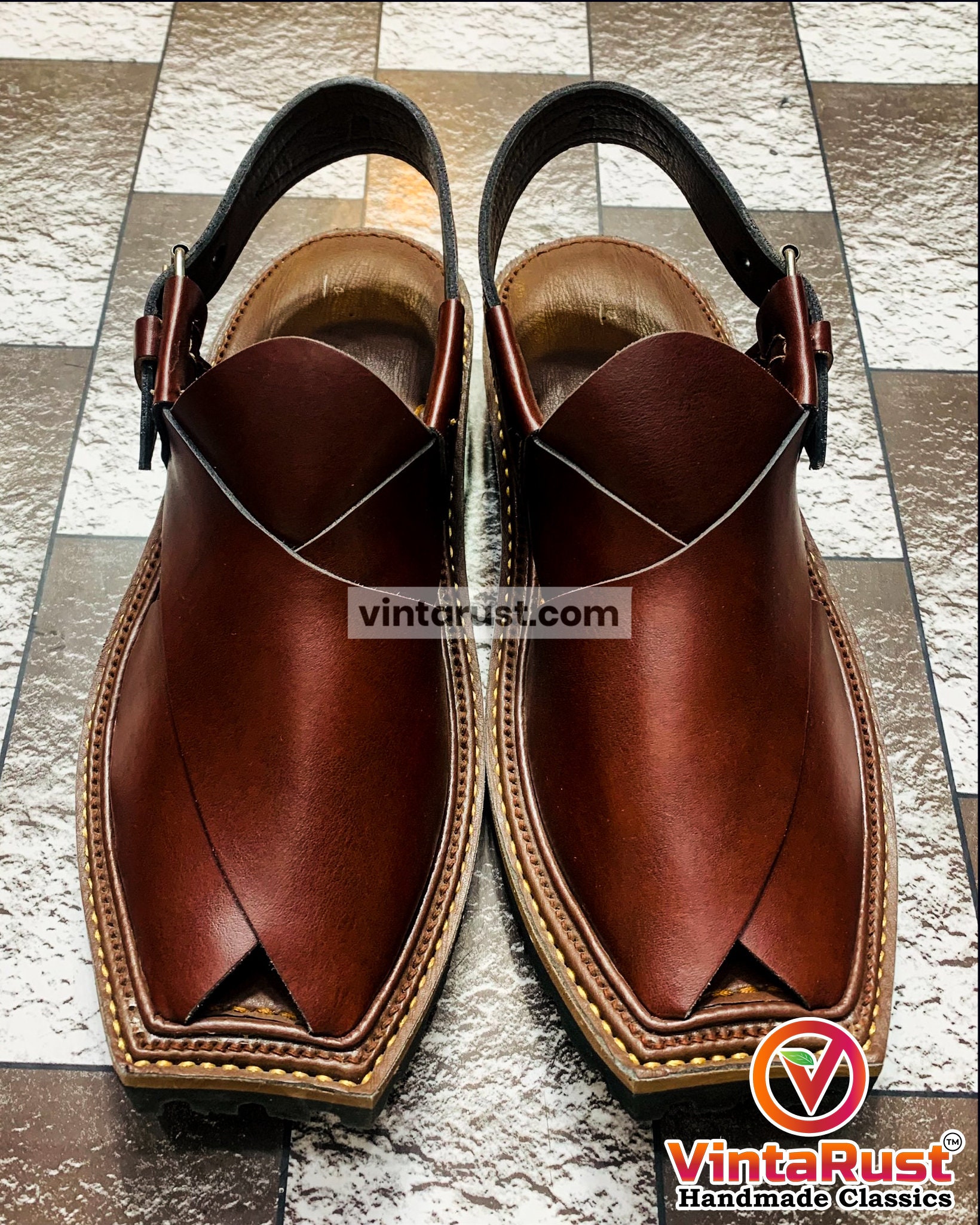 Handmade Leather Peshawari Chappal: Traditional Kaptaan Sandal mens handmade pure leather peshawari chappal Camel Brown  main image 2