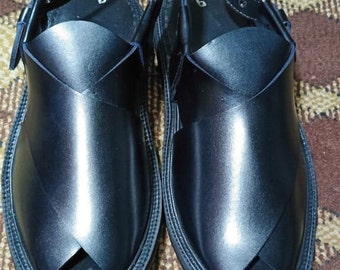 Handmade Black Peshawari Chappal, Shinny Black Leather Peshawari Chappal Sandals, Men's Sandals, Leather Sandals