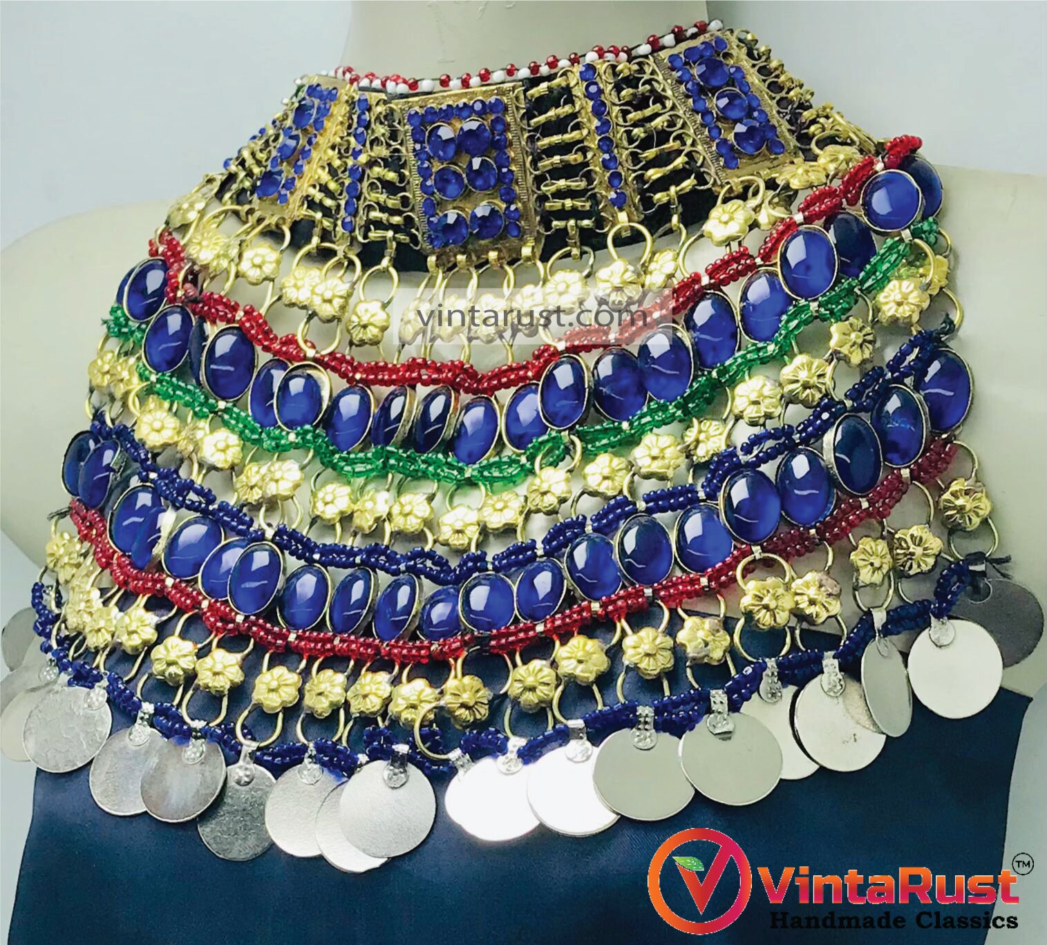 ブルーストーンビーズチョーカー：アフガニスタンのクチ族のネックレス