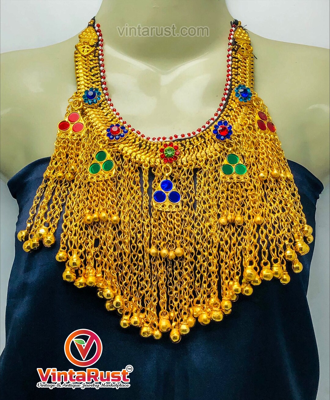 ゴールデンアフガンクチチョーカーネックレス：トライバルベルカラー