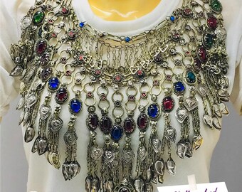 Vintage Afghan Bib Necklace: Oversized Tribal Jewelry