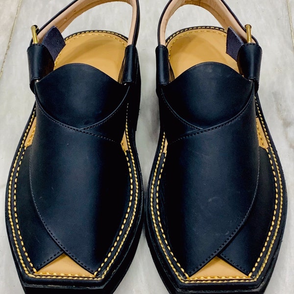 Black Leather Sandals, Men's Black Peshawari Chappal, Traditional Handcrafted Leather Sandals for Men, Comfortable and Stylish Footwear