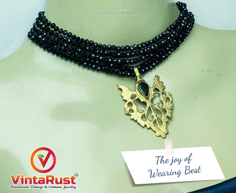 Black Jewelry Set, Black Beads With Motif Jewelry Set, Dangling Motif Choker Necklace With Studs Earrings, Ethnic Jewelry Set, Handmade