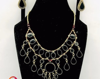 Tribal Black Stone Necklace & Earrings: Handmade Afghan Jewelry Set
