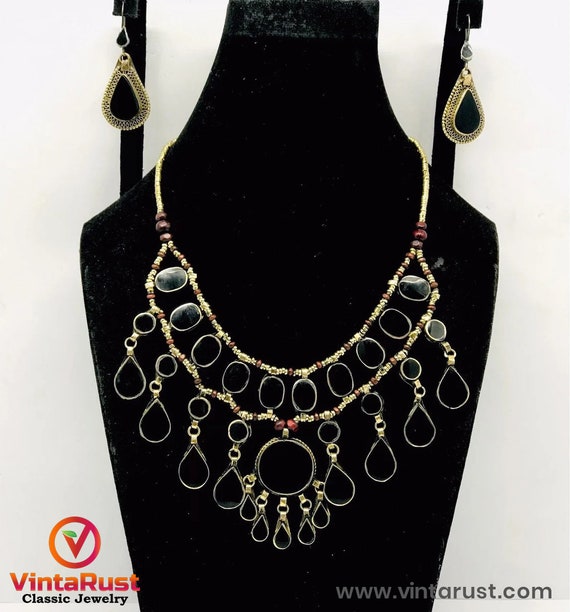 Tribal Black Stone Necklace & Earrings: Handmade Afghan Jewelry Set