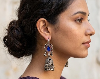Handmade Afghan Jhumka Earrings: Vintage Tribal Jewelry with Glass Stones