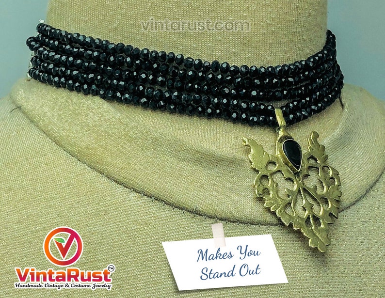 Black Jewelry Set, Black Beads With Motif Jewelry Set, Dangling Motif Choker Necklace With Studs Earrings, Ethnic Jewelry Set, Handmade