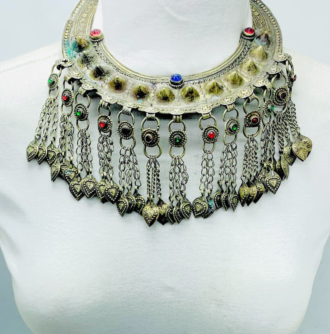 Vintage Turkmen Choker Necklace: Tribal Tassel Collar With Glass