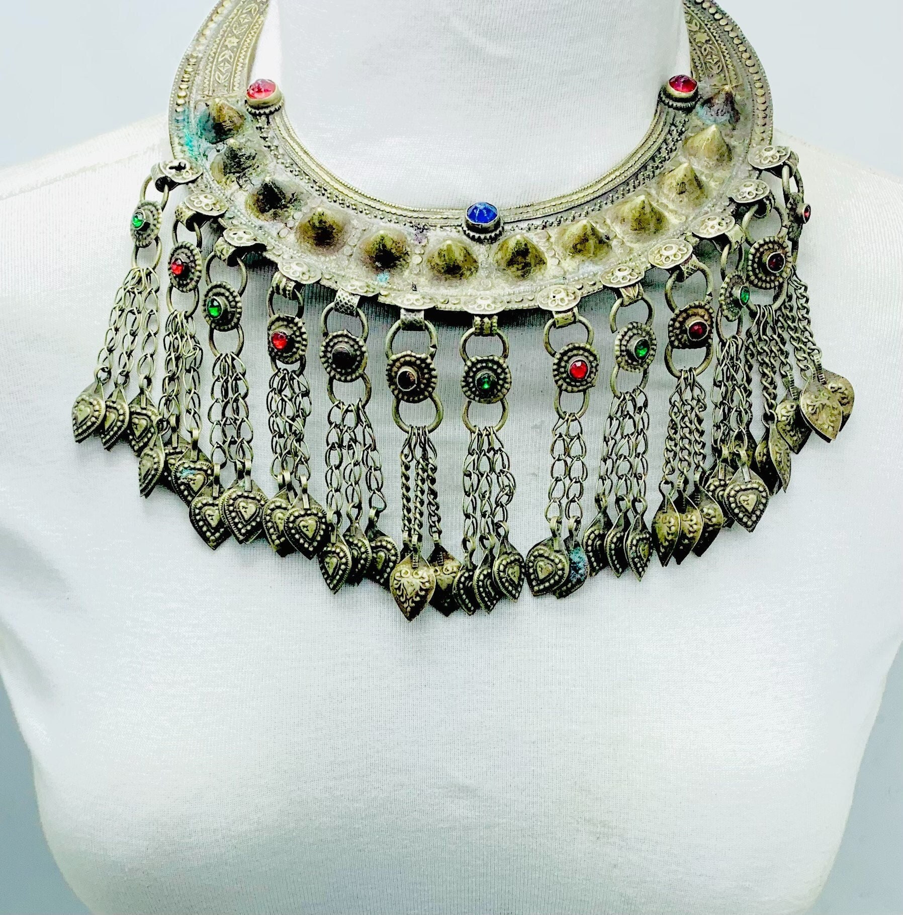 Vintage Turkmen Choker Necklace: Tribal Tassel Collar With Glass