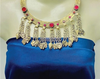 Rare Vintage Afghan Torque Necklace: Tribal Kuchi Jewelry with Red Stones & Chain Charms