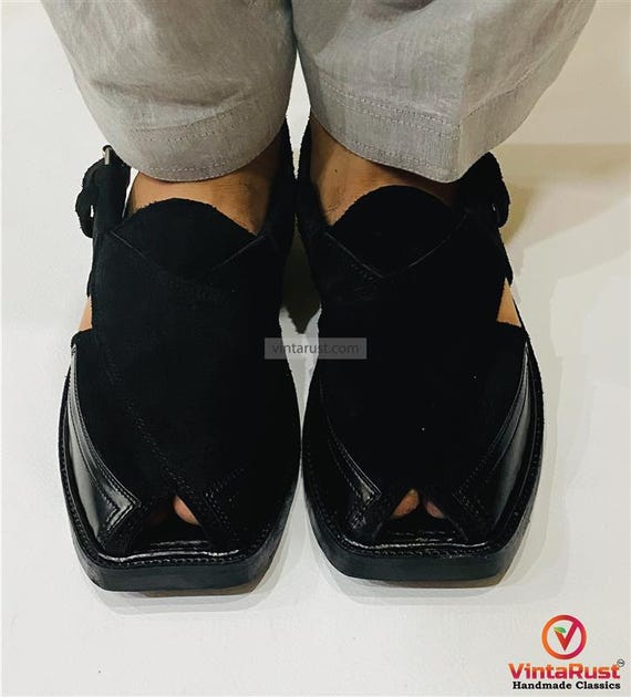 Handmade Suede Peshawari Sandals: Comfortable Black Chappal
