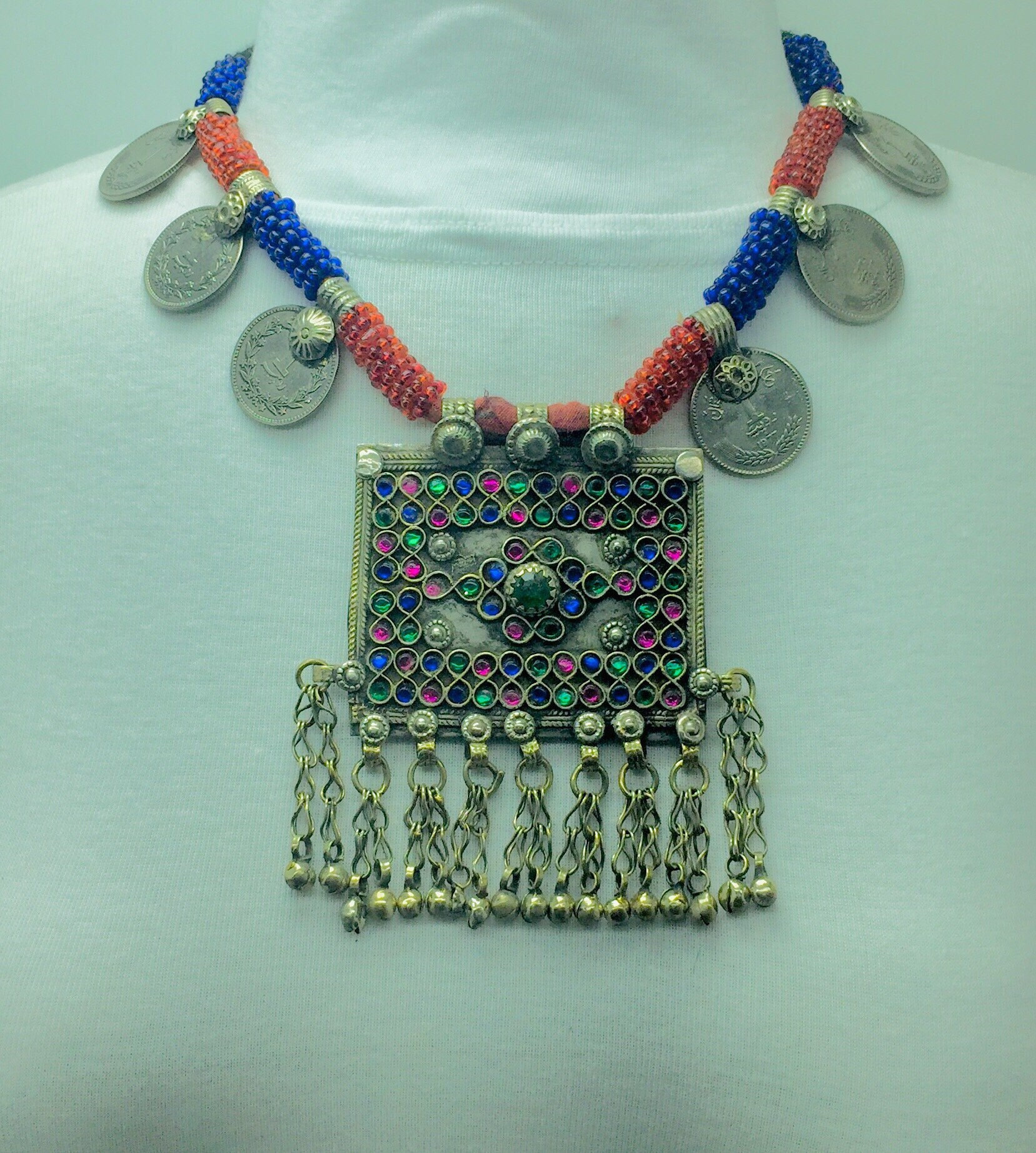 Vintage Kuchi Pendant Necklace: Afghan Tribal Coins, Red