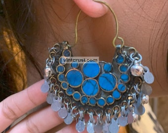 Blue and Silver Kuchi Earrings, Afghan Tribal Kuchi Bali Earrings, Kuchi Jewelry, Boho Jewelry, Afghan Jewelry