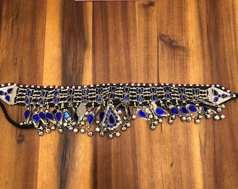 Blue Glass Stone Afghan Choker: Kuchi Tribal Necklace with Bells