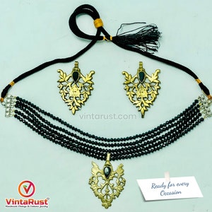 Black Jewelry Set, Black Beads With Motif Jewelry Set, Dangling Motif Choker Necklace With Studs Earrings, Ethnic Jewelry Set, Handmade