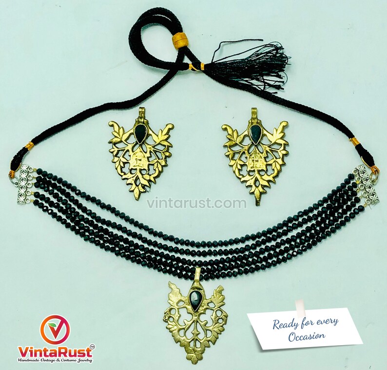 Black Jewelry Set, Black Beads With Motif Jewelry Set, Dangling Motif Choker Necklace With Studs Earrings, Ethnic Jewelry Set, Handmade