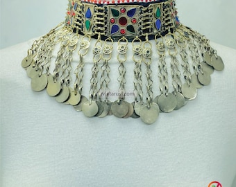 Vintage Long Coins Necklace: Silver Kuchi Belly Dance Choker Jewelry