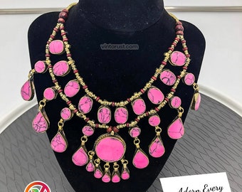 Handmade Afghan Choker Necklace: Pink Stone Tribal Jewelry