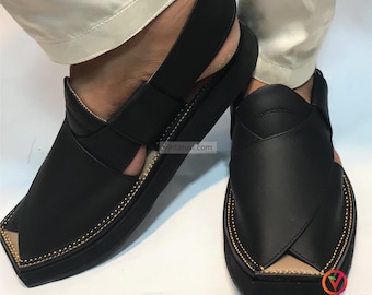 Black Leather Sandals, Men's Black Peshawari Chappal, Traditional Handcrafted Leather Sandals for Men, Comfortable and Stylish Footwear