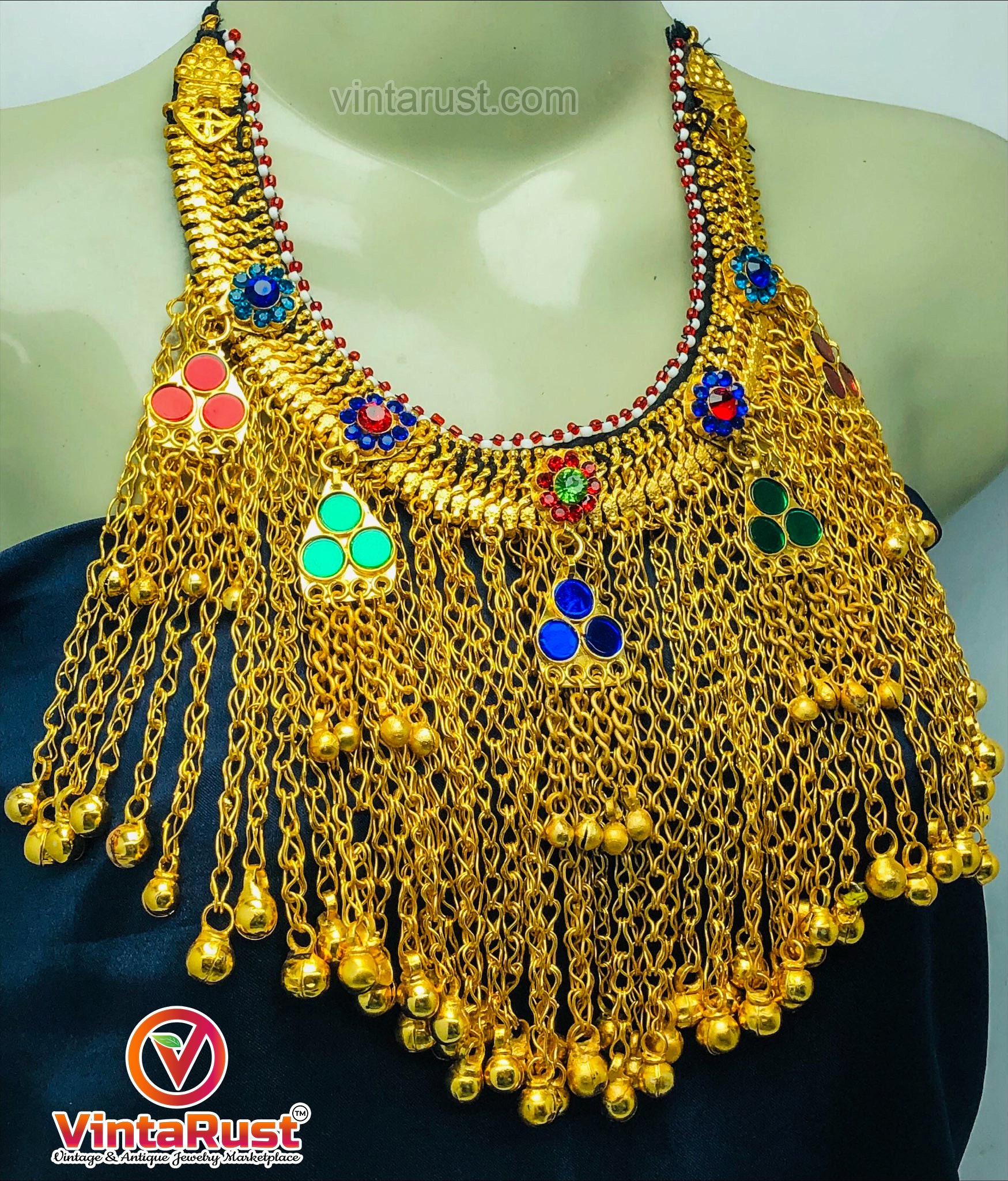 ゴールデンアフガンクチチョーカーネックレス：トライバルベルカラー