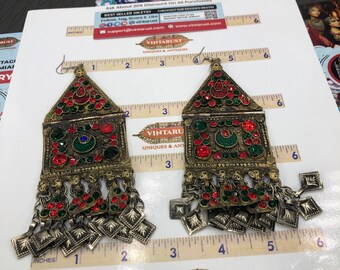 Vintage Kuchi Afghan Earrings with Metal Beads And Glass Stones Kuchi Jewelry, Vintage Jewelry