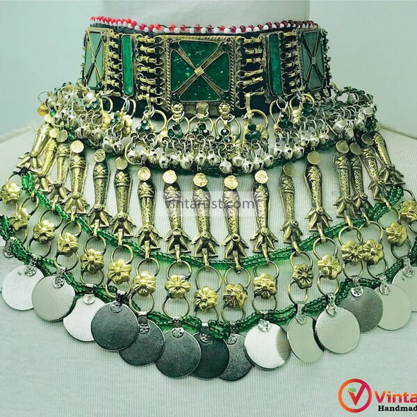 Tribal Green Choker, Oversized Afghani Choker Necklace, Old Jewelry, Vintage Boho Necklace,Tribal Necklace, Handmade Jewelry