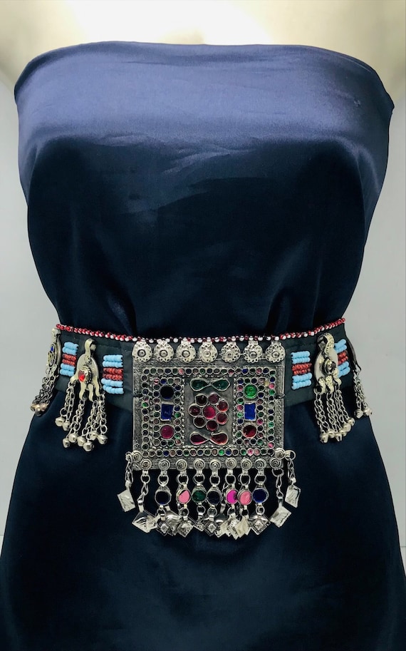Vintage Kuchi Belt: Tribal Afghan Beads, Coins, and Pendant Vintage Kuchi Tribal Bandolier Belt: Afghan Bead & Coinwork  main image 2