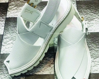 Premium White Peshawari Chappal, Handmade Pure Leather Kaptaan Chappal, Traditional Men's Sandals, Leather Sandals