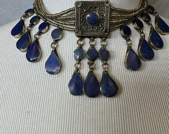 Lapis Lazuli Necklace, Vintage Genuine Lapis Lazuli Boho Style Necklace, Tribal Fusion Belly Dance , Handmade Jewelry